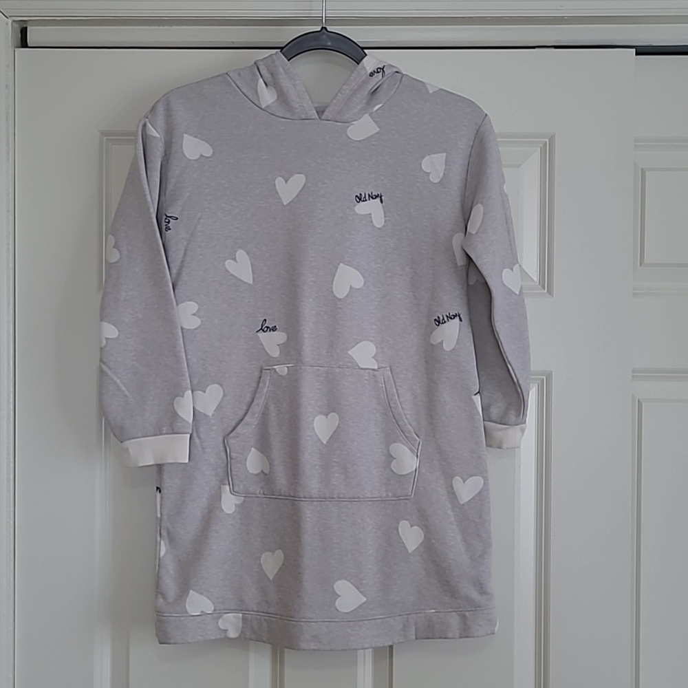 Old Navy Grey & White Heart Print Hooded Fleece Tunic Dress - Size L (10-12)